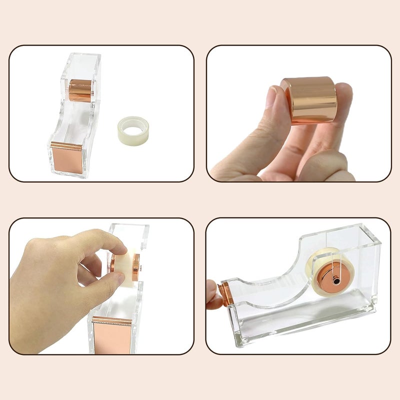 Mersper Gold Tape Dispenser, Clear Acrylic Desk Tape dispensers with Serrated Metal Edge, Modern Aesthetic Office & Craft Tape Organizer for Gift Wrapping, 1 Inch Core, Non-Slip Weighted Base - Image 3